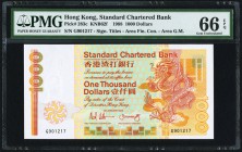 Hong Kong Standard Chartered Bank 1000 Dollars 1.1.1988 Pick 283c KNB62d PMG Gem Uncirculated 66 EPQ. A stunning 1000 Dollars from Hong Kong in yellow...