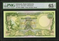 Indonesia Bank Indonesia 2500 Rupiah ND (1957) Pick 54 PMG Gem Uncirculated 65 EPQ. An unusually choice example of this beautiful high denomination is...