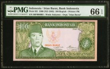 Indonesia Irian Barat 100 Rupiah 1960 (ND 1963) PMG Gem Uncirculated 66 EPQ. This short-lived provisional series circulated for a decade in the wester...