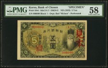 Korea Bank of Chosen 5 Yen ND (1935) Pick 30s1 Specimen PMG Choice About Unc 58. A brilliantly, detailed example with red overprints and perforated "M...