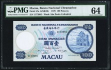 Macau Banco Nacional Ultramarino 100 Patacas 8.6.1979 Pick 57a KNB48b PMG Choice Uncirculated 64. A short-lived design that is rare in any format. A s...