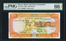 Macau Banco Nacional Ultramarino 1000 Patacas 8.8.1988 Pick 63a PMG Gem Uncirculated 66 EPQ. Auspiciously dated first year of issue, this is the highe...