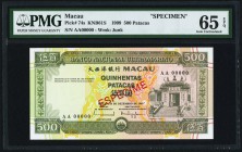 Macau Banco Nacional Ultramarino 500 Patacas 20.12.1999 Pick 74s KNB61S Specimen PMG Gem Uncirculated 65 EPQ. A scarce modern Specimen, and missing fr...