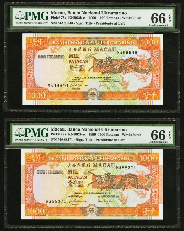 Macau Banco Nacional Ultramarino 1000 Patacas 20.12.1999 Pick 75a KNB62 Two Exam...