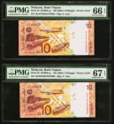 Malaysia Bank Negara 10 Ringgit ND (2004) Pick 46 KNB63 Mismatched Serial Error Pair PMG Gem Uncirculated 66 EPQ; Superb Gem Unc 67 EPQ. A scarce pair...