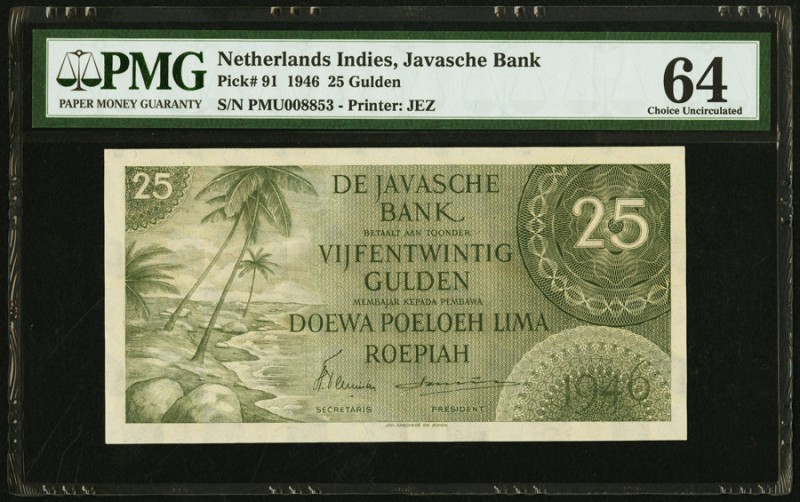 Netherlands Indies De Javasche Bank 25 Gulden 1946 Pick 91 PMG Choice Uncirculat...