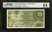 Netherlands Indies De Javasche Bank 25 Gulden 1946 Pick 91 PMG Choice Uncirculated 64. Unusually choice and desirable in such a high grade, this green...