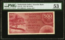 Netherlands Indies De Javasche Bank 500 Gulden 1946 Pick 95 PMG About Uncirculated 53. An unusually choice example of this rare, higher denomination t...