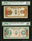 South Korea Bank of Korea 100; 1000 Won ND (1950) Pick 7s; 8s Two Specimens PMG About Uncirculated 55 EPQ; Choice About Unc 58 EPQ. A pair of Specimen...