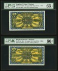 Thailand Kingdom of Siam 1 Baht 1.4.1932 Pick 16b Two Consecutive Examples PMG Gem Uncirculated 65; Gem Uncirculated 66 EPQ. A pleasing, pack-fresh pa...
