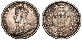India: British George V 1911 C Silver 1/2 Rupee Key Date Extremely Fine