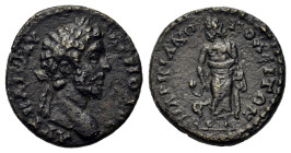 Commodus (177-192). Marcianopolis. Moesia Inferior. Æ (16.6mm,2.6g). Laureate head r. R/ Asklepios standing facing, head l., leaning upon serpent-entw...