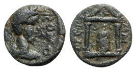 Commodus (177-192). Mysia, Pergamum. Æ (12mm, 2.80g, 6h). Laureate, draped and cuirassed bust r. R/ Distyle temple, containing statue of Telesphoros. ...