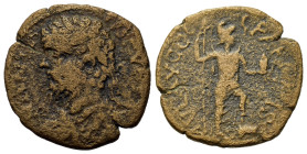 Septimius Severus (193-211). Pisidia, Parlais. Æ (21.3mm,4.2g). Laureate and cuirassed bust of Septimius Severus l. R/ Mên standing r., foot on bucran...