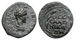 Caracalla (Caesar 196-198). Macedon, Thessalonica. Æ (20mm, 6.09g, 6h). Laureate, draped and cuirassed bust r. R/ ΘЄC/CAΛO/NIKЄ/ΩN in four lines, with...