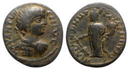 Caracalla (198-217). Caria, Peltae. Æ (24mm, 5.90g, 6h). T. Arion, strategos. Radiate and cuirassed bust r., seen from behind. R/ Tyche standing l., h...