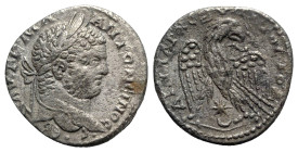 Caracalla (198-217). Seleucis and Pieria, Antioch. AR Tetradrachm (26mm, 11.31g, 1h), 215-7. Laureate head r. R/ Eagle standing facing, head r., with ...