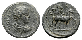 Geta (Caesar, 198-209). Lydia, Attalea. Æ (20mm, 3.85g, 6h). ΠO KAI [ΓE]TAC, Bare-headed, draped and cuirassed bust r. R/ A[T]TAΛЄ[…], Emperor on hors...