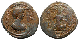 Geta (Caesar, 198-209). Decapolis, Dium. Æ (26mm, 8.39g, 12h), year 268 (AD 205/6). Bareheaded, draped and cuirassed bust r. R/ Hadad standing facing,...