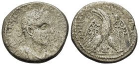 Macrinus (217-218). Seleucis and Pieria. Uncertain mint. BI Tetradrachm (24.5mm,11.4g). Laureate, draped and cuirassed bust of Macrinus to r. R/ Eagle...