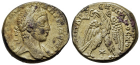 Elagabalus (218-222). Antioch. AR Tetradrachm (26.2mm,15.6g). Laureate bust r., drapery over l. shoulder. R/ Eagle standing r., head l., wreath in bea...