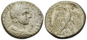 Elagabalus (218-222). Antioch,. AR Tetradrachm (26.2mm,15.6g). Laureate bust r., drapery over l. shoulder. R/ Eagle standing r., head l., wreath in be...