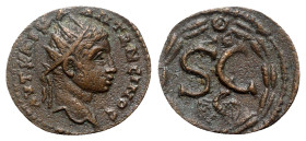 Elagabalus (218-222). Seleucis and Pieria, Antioch. Æ (21mm, 4.26g, 12h). Radiate head r. R/ S • C, Δ Є above, eagle below; all within laurel wreath. ...