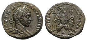 Elagabalus (218-222). Seleucis and Pieria, Antioch. Tetradrachm (25mm, 15.26g, 12h). Laureate bust r. with drapery on far shoulder. R/ Eagle standing ...
