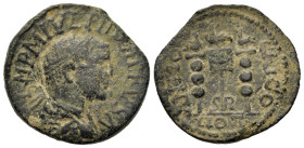 Philip I (244-249). Antioch, Pisidia. Æ (25mm,7.7g). Radiate, draped and cuirassed bust to r. R /Two standards flanking vexillum, all with eagles atop...