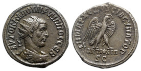 Philip I (244-249). Seleucis and Pieria, Antioch. AR Tetradrachm (26mm, 12.54g, 6h). AD 247. Radiate, draped and cuirassed bust r. R/ Eagle standing r...