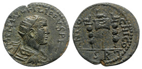 Philip I (244-249). Pisidia, Antioch. Æ (26mm, 9.79g, 6h). Radiate, draped and cuirassed bust r., seen from behind. R/ Aquila between two signa. SNG B...