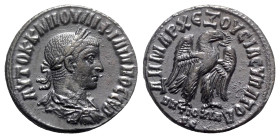 Philip II (247-249). Seleucis and Pieria, Antioch. AR Tetradrachm (26mm, 12.08g, 12h). AD 248-9. Laureate, draped and cuirassed bust r. R/ Eagle stand...