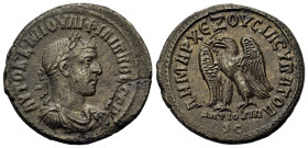 Philip II (247-249). Seleucis and Pieria. Antiochia ad Orontem. AR Tetradrachm (27.8mm,9g). Laureate, draped and cuirassed bust r. R/ Eagle l., wings ...