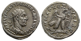 Trajan Decius (249-251). Syria, Antioch. AR Tetradrachm (26mm, 11.04g, 6h). AD 250-1. Radiate, draped and cuirassed bust r., seen from behind; five pe...