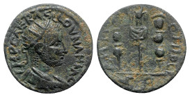 Valerian I (253-260). Pisidia, Antioch. Æ (21mm, 5.71g, 7h). Radiate, draped and cuirassed bust r. R/ Aquila between two signa. SNG BnF 1315-7. Green ...
