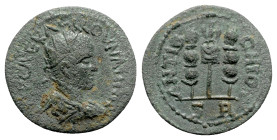 Valerian I (253-260). Pisidia, Antioch. Æ (22mm, 6.22g, 7h). Radiate, draped and cuirassed bust r. R/ Aquila between two signa. SNG BnF 1315-7. Green ...