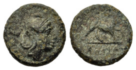 Anonymous, c. 235 BC. Æ (12mm,1.3g). Rome mint. Head of Roma r., wearing Phrgian helmet. R/ Dog walking r., l. foreleg raised. Crawford 26/4; Sydenham...