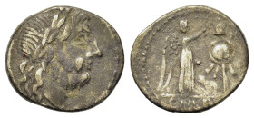 Anonymous, after 211 BC. AR Victoriatus (15.3mm,2g). Laureate head of Jupiter r. R/ Victory on l., standing r., crowning trophy with laurel-wreath. Cr...