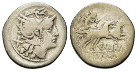 C. Maianus, Denarius, Rome, 153 BC. AR (19.4mm,3.8g). Helmeted head of Roma r.; behind, X. R/ Victory in biga r., holding whip and reins; below, C MAI...