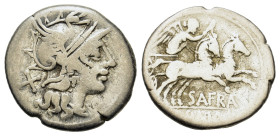 S. Afranius, Rome, 150. AR Denarius (18.7mm,3.7g). Helmeted head of Roma r.; behind, X. R/ Victory in prancing biga r.; below, SAFRA and ROMA in parti...