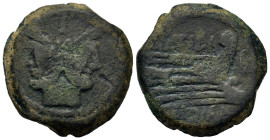 M. Atilius Saranus, Rome, 148 BC. As (29.8mm,21.3g). Laureate head of Janus; above, I (mark of value). R/ M•ATILI / ROMA Prow to r.; before, I (mark o...