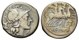 C. Antestius, Rome, 146. AR Denarius (18.6mm,3.7g). Helmeted head of Roma r.; below chin, X. R/ The Dioscuri galloping r.; below horses, puppy r. with...