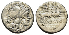 M. Junius Silanus, Rome, 145 BC. AR Denarius (17.5mm,3.6g). Head of Roma to r., wearing winged helmet; behind, head of a donkey to l.; below chin, X. ...