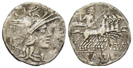 Aurelius Rufus, Rome, 144 BC. AR Denarius (19.8mm,3.7g). Helmeted head of Roma to r.; X (mark of value) behind. R/ Jupiter driving galloping quadriga ...