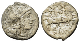 Cn. Lucretius Trio, Rome, 136 . AR Denarius (17.5mm,3.6g). Helmeted head of Roma r.; below chin, X and behind, TRIO. R/ The Dioscuri galloping r., bel...