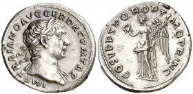 (107 d.C.). Trajano. Denario. (Spink 3129) (S. 74) (RIC. 128). 3,14 g. Grietas. (EBC+).