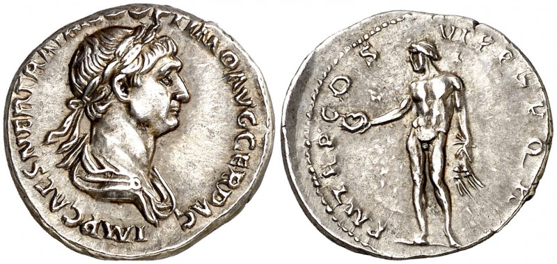 (116 d.C.). Trajano. Denario. (Spink 3149) (S. 276) (RIC. 347). 3,24 g. EBC/EBC-...