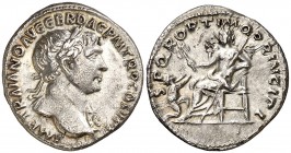 (107 d.C.). Trajano. Denario. (Spink 3162 var) (S. 417b) (RIC. 187). 3,28 g. MBC+.