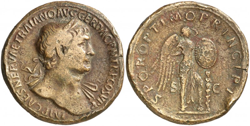 (106 d.C.). Trajano. Sestercio. (Spink 3201) (Co. 454) (RIC. 527). 24,75 g. Golp...