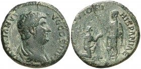 (136 d.C.). Adriano. As. (Spink falta) (Co. 1264) (RIC. 955). 8,42 g. Grieta. Pátina verde. MBC.